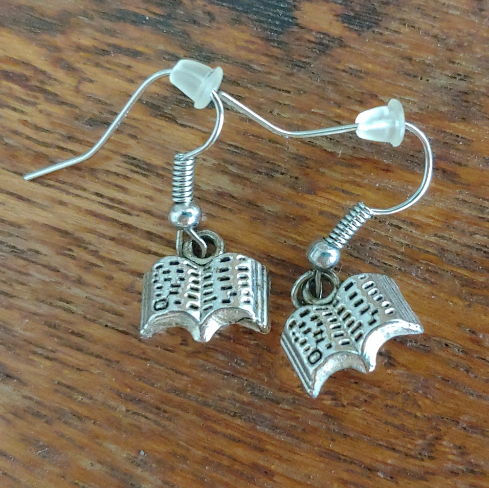 Silver Toned Book Charm Earrings